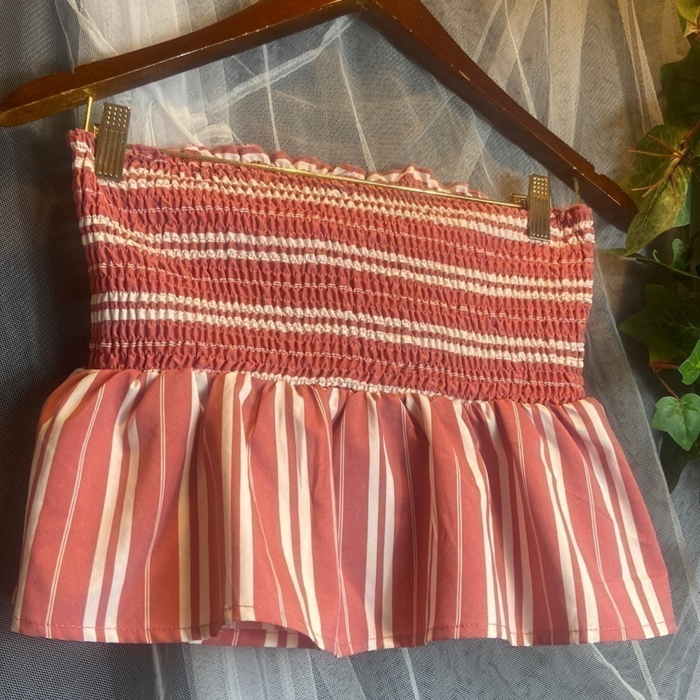 Shein Crop  Top Pink & White Stripe Ruffled​